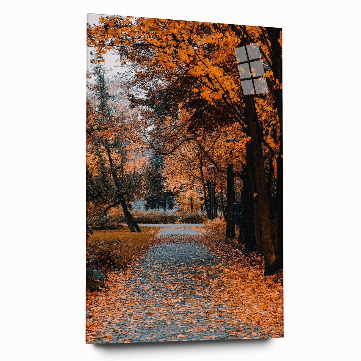 Large abstract wall art in warm autumn hues on acrylic glass, suitable for bedroom or dining room decor.