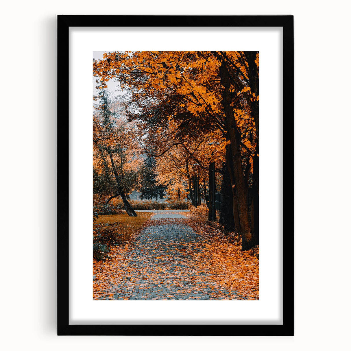 Extra large abstract art print featuring vibrant autumn hues on textured canvas, framed in black.
