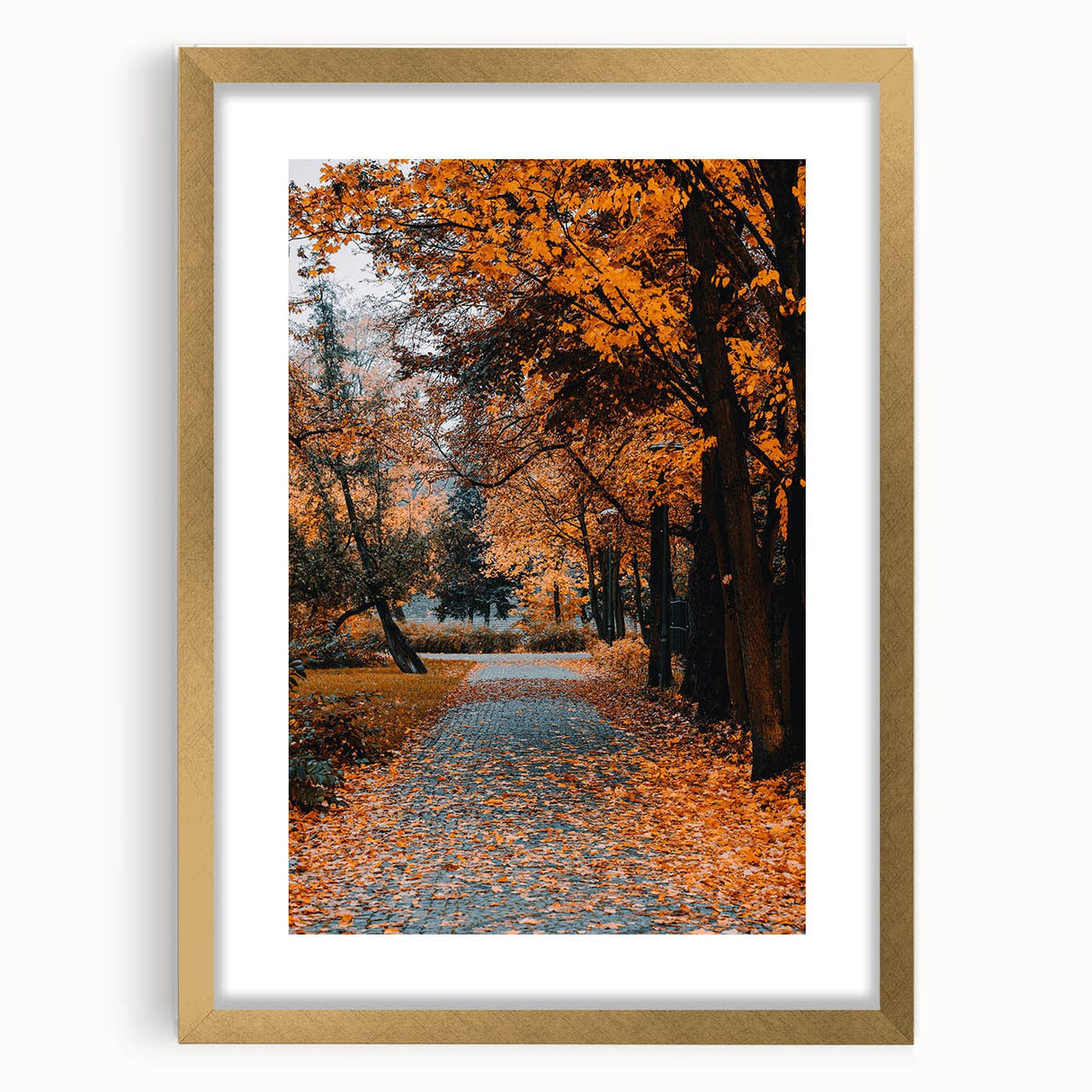 Extra large abstract art print with textured autumn hues on a gold-framed canvas, suited for living room decor.