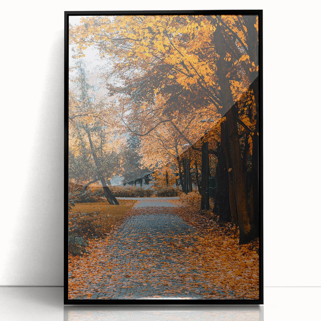 Large abstract wall art depicting autumnal colors in mid-century modernist style on a black framed acrylic.