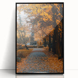 Large abstract wall art depicting autumnal colors in mid-century modernist style on a black framed acrylic.