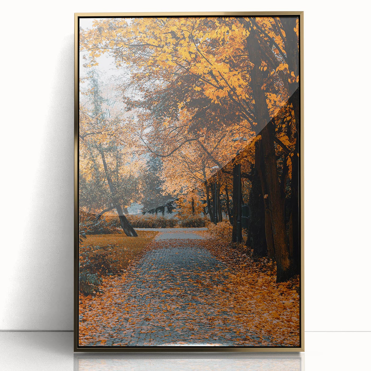 Large art print of a mid-century modernist fall scene with golden and orange hues on acrylic.