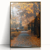 Large art print of a mid-century modernist fall scene with golden and orange hues on acrylic.