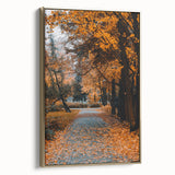 Framed canvas depicting a vintage-style landscape with autumnal trees in gold and black tones, ideal for bedroom wall decor.