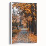 Vintage poster art of an autumn scene on framed canvas, featuring a black background with vibrant red and orange leaves.
