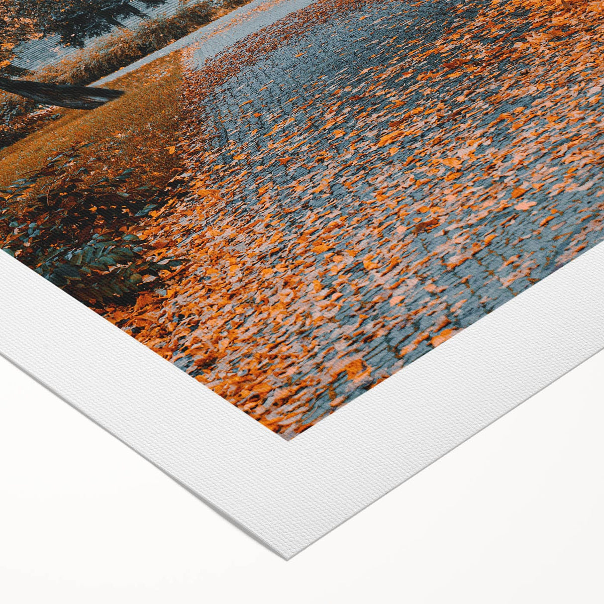 Art deco poster featuring an autumnal scene with warm orange and brown tones on rolled canvas.