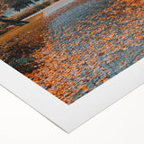 Art deco poster featuring an autumnal scene with warm orange and brown tones on rolled canvas.