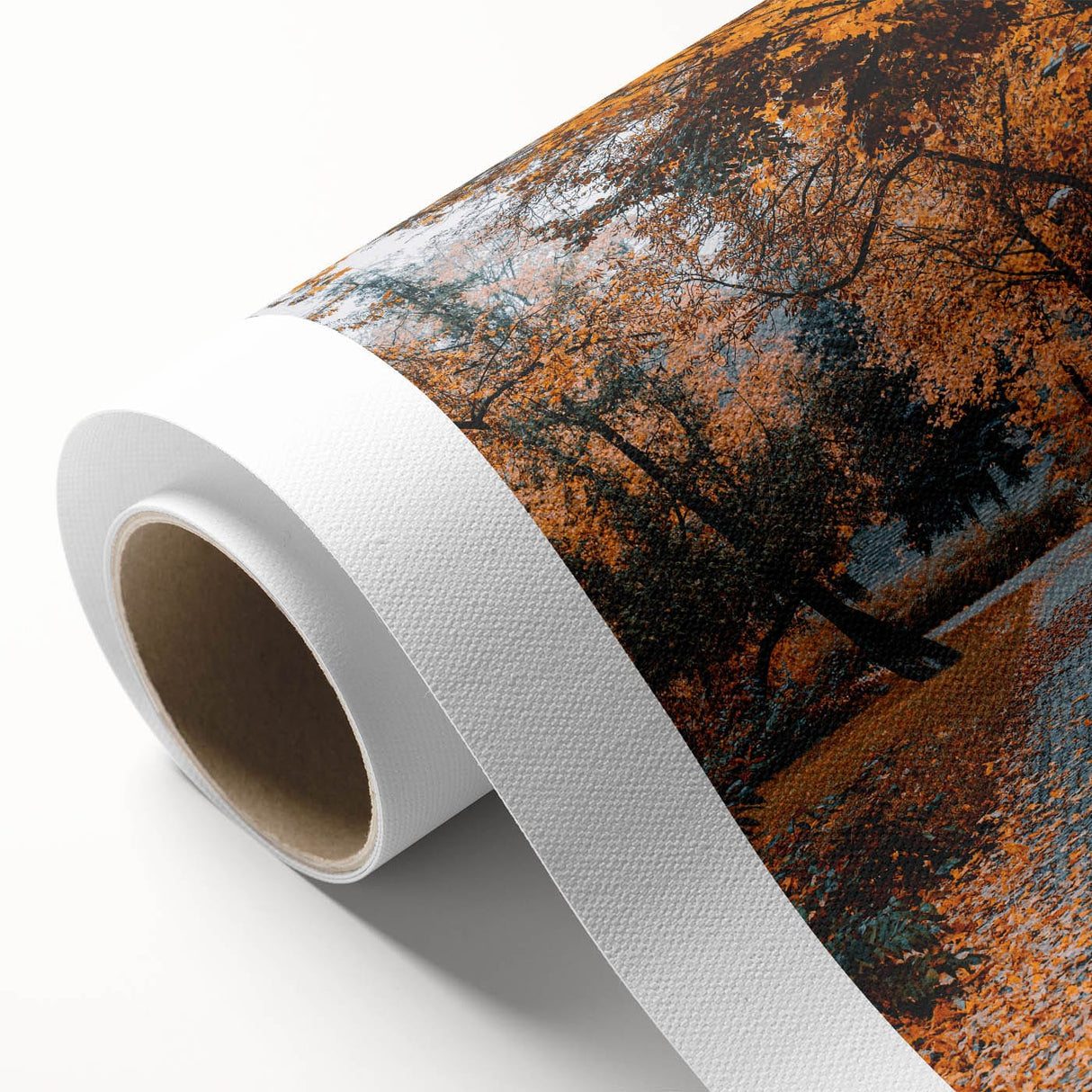 Art deco style poster depicting an autumnal scene with warm orange and brown tones on rolled canvas.