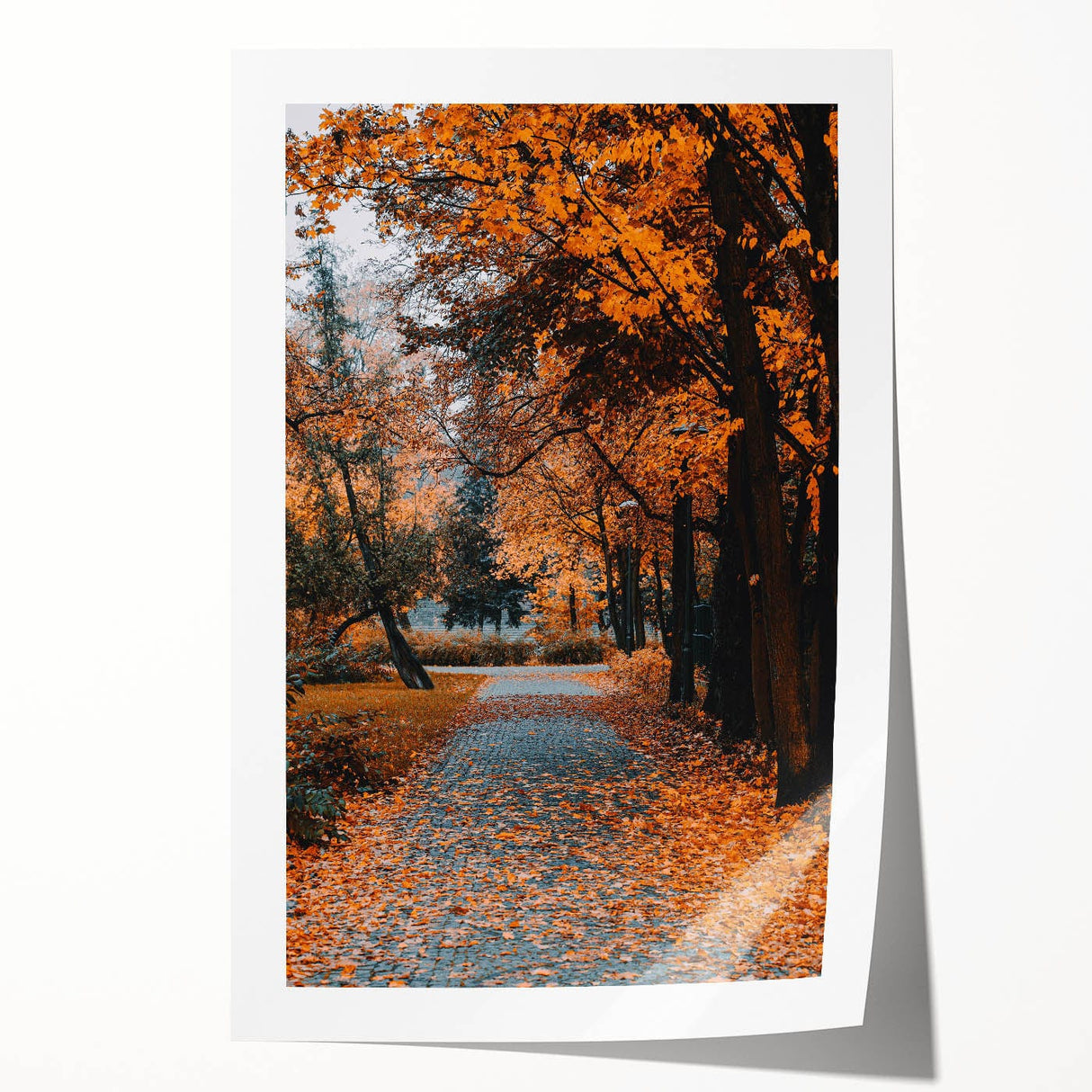 Extra large rolled print depicting a fall-inspired floral design in warm orange and brown tones.