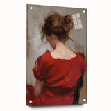 Abstract figurative acrylic artwork displayed in a glass frame from a side view, featuring vibrant colors and intricate pin details, ideal for modern decor.