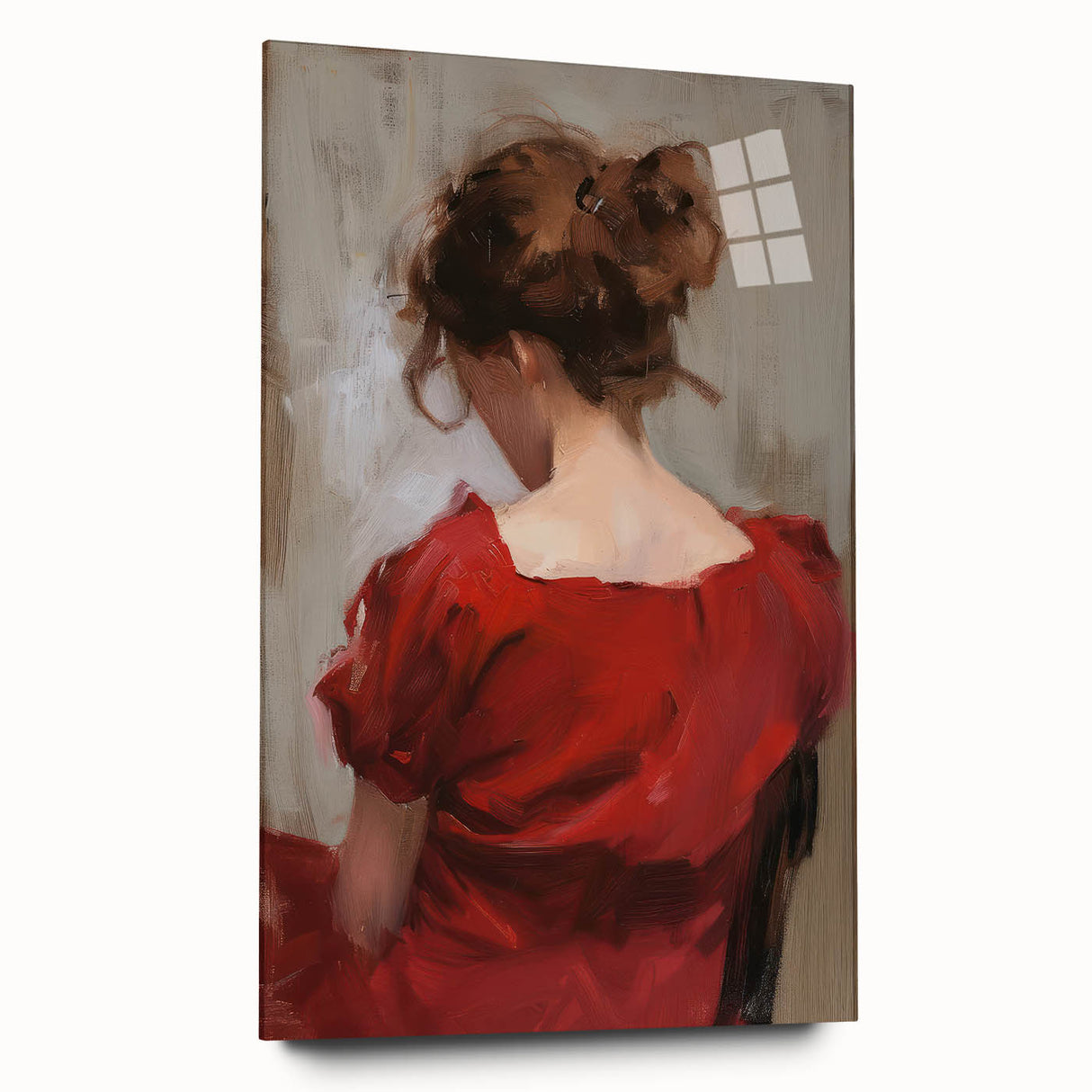 Abstract figurative acrylic artwork displayed from the side, showcasing vibrant colors and fluid shapes on glass, ideal for modern decor enthusiasts.