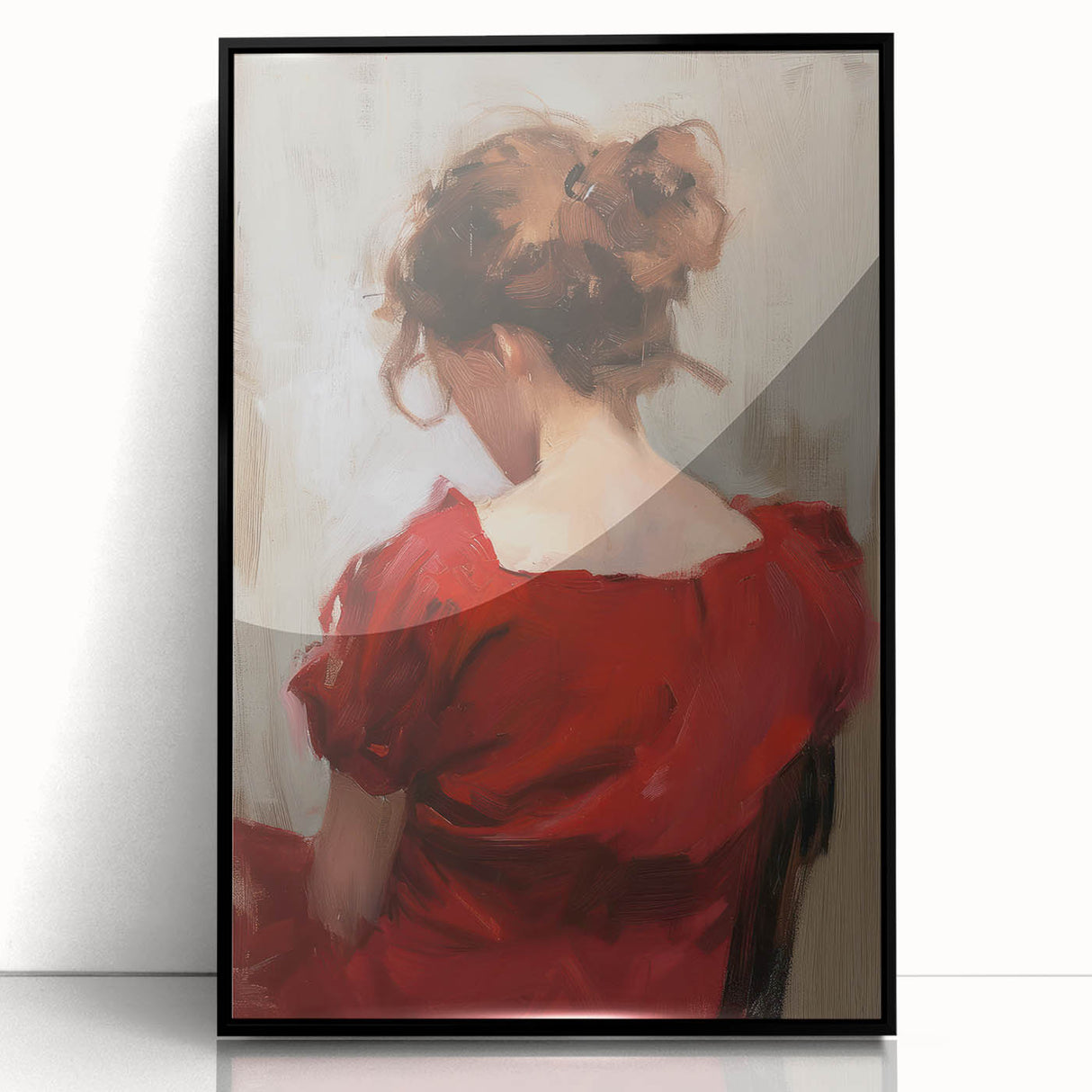 Abstract figurative art piece in a sleek black frame, showcasing vibrant colors and dynamic shapes, perfect for modern decor and artistic expression in any space.