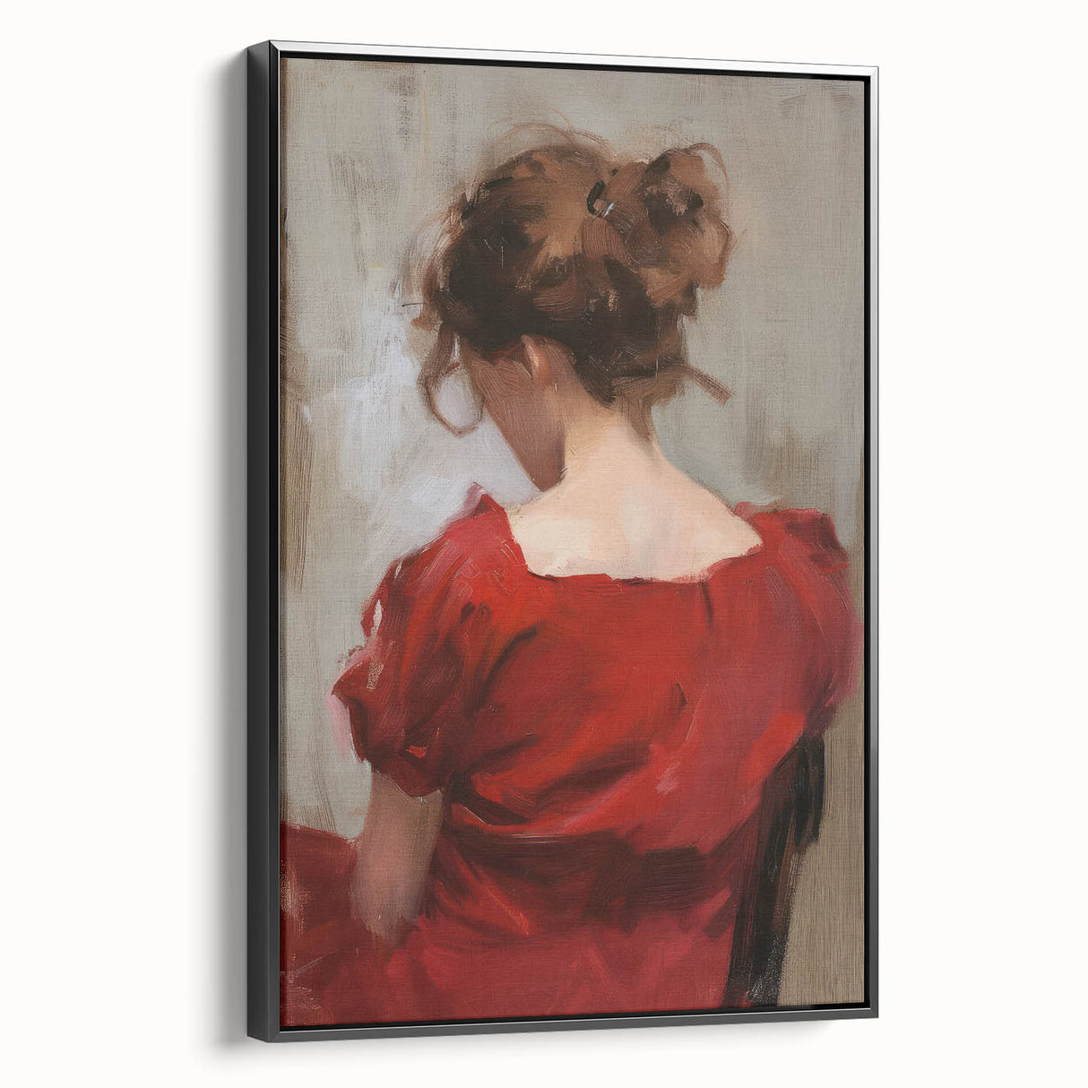 Abstract figurative framed canvas artwork showcasing a modern design with bold colors and dynamic shapes, viewed from the side against a neutral backdrop.