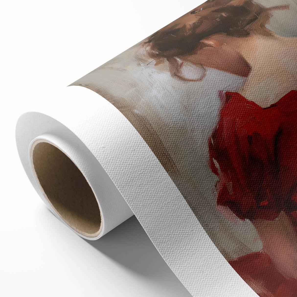 Abstract figurative wall art on rolled canvas showcases vibrant colors and dynamic shapes, perfect for modern decor. Packaged securely in a cardboard tube for safe delivery.