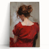 Abstract figurative stretched canvas artwork featuring vibrant colors and dynamic shapes, leaning against a neutral wall, ideal for modern home decor.