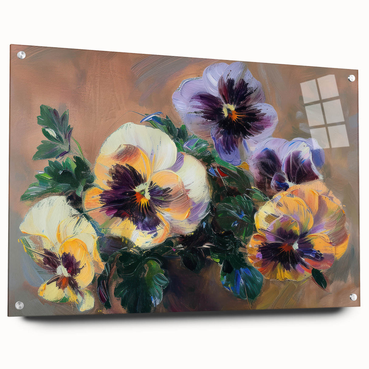 Abstract floral acrylic glass artwork showcasing vibrant colors and intricate designs, displayed from a side view with decorative pins for mounting.