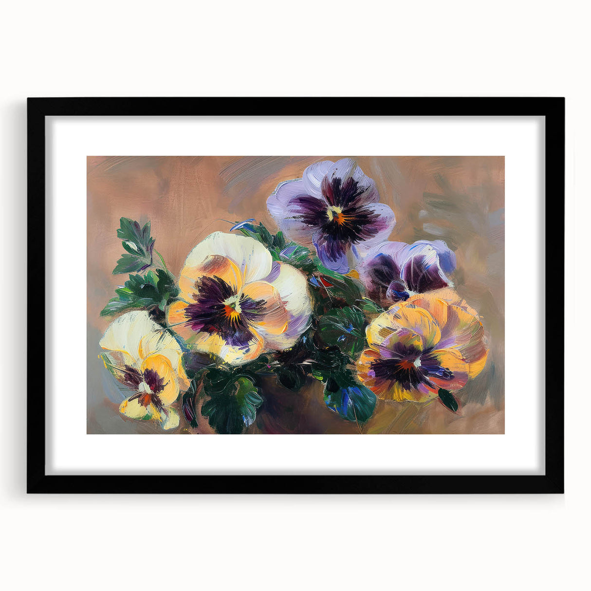 Abstract floral artwork framed in black with a mat, showcasing vibrant colors and intricate designs, perfect for modern home decor or gallery display.
