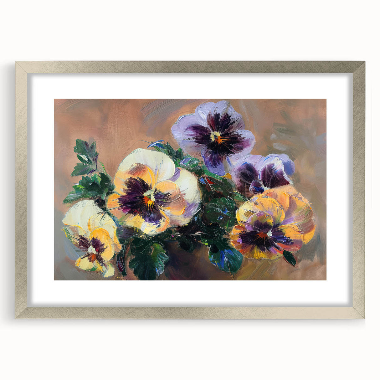 Abstract floral artwork framed in a silver mat, showcasing vibrant colors and intricate designs, perfect for adding elegance to modern decor.