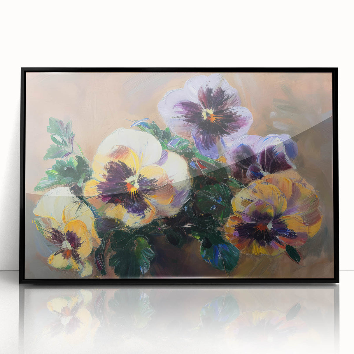 Framed abstract floral artwork in vibrant colors, featuring a contemporary design with black accents, displayed prominently from a front view, ideal for modern decor.