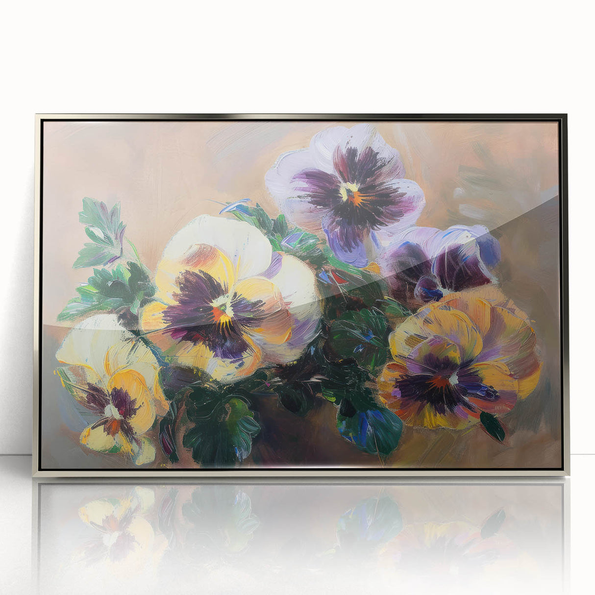Framed acrylic artwork showcasing a vibrant abstract floral design in silver tones, perfect for modern home decor, adding elegance and color to any space.