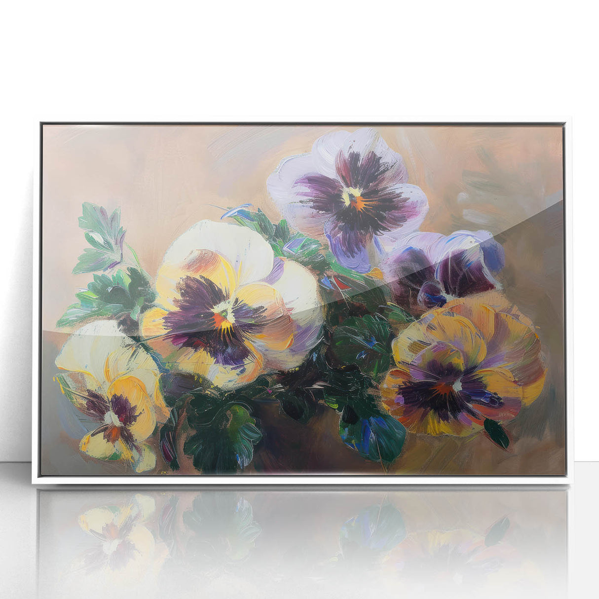 Framed acrylic artwork showcasing an abstract floral design in vibrant colors, set against a sleek white background. Ideal for modern home decor and artistic interiors.