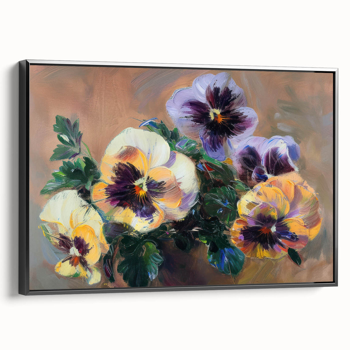 Framed abstract floral canvas artwork in vibrant colors, showcasing a black side profile, perfect for modern home decor or art enthusiasts.