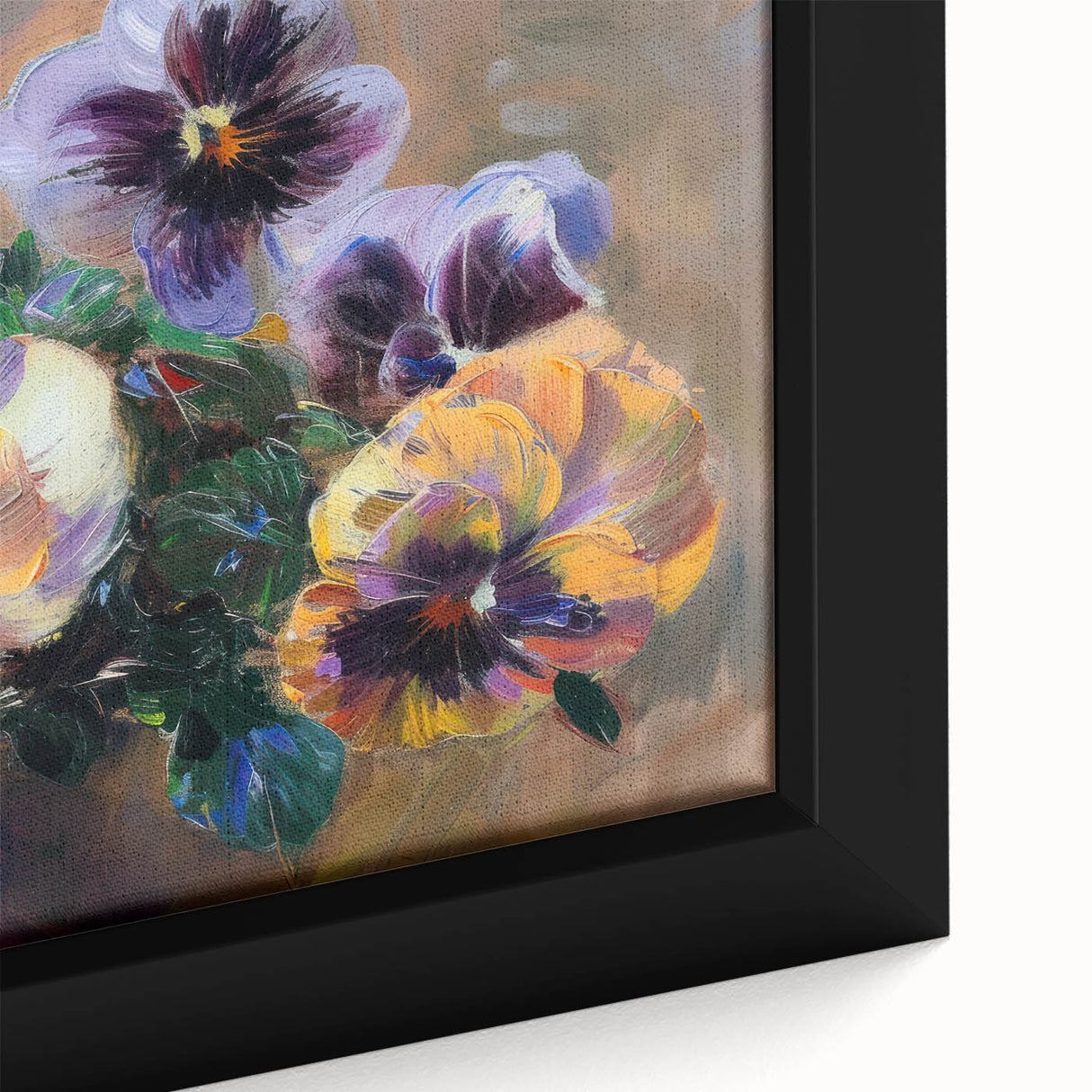 Close-up of a framed canvas showcasing vibrant abstract floral design in bold colors, highlighting intricate brushstrokes and textures for a modern decor accent.