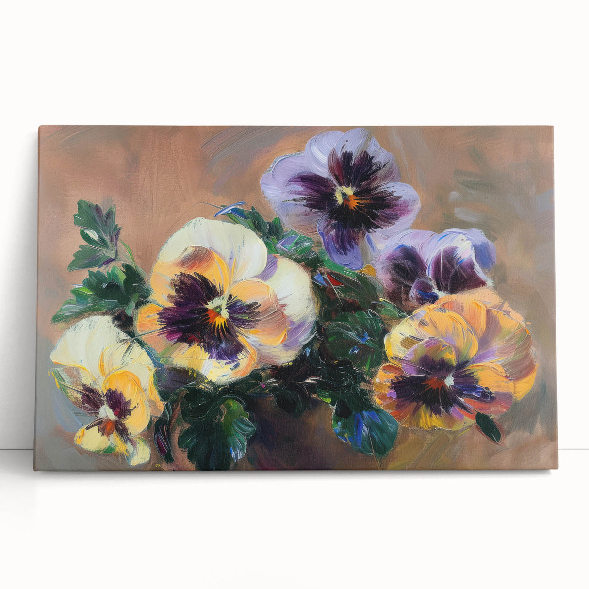 Abstract floral design stretched canvas artwork featuring vibrant colors and intricate patterns, elegantly leaning against a wall, perfect for modern decor.