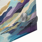 Close-up of vibrant abstract landscape wall art featuring swirling colors of blue, green, and gold, displayed under acrylic glass for a glossy finish. Ideal for modern home decor.