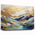Abstract landscape wall art displayed in a side view, showcasing vibrant colors and intricate designs, mounted with pins on a sleek acrylic glass surface, ideal for modern decor.