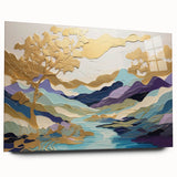 Abstract landscape wall art design displayed in a side view, featuring vibrant colors and intricate patterns, framed with acrylic glass for a modern aesthetic.