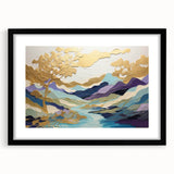 Abstract landscape wall art framed in black with a white mat, showcasing vibrant colors and fluid shapes, perfect for modern home decor. Ideal for enhancing living spaces or offices with artistic flair and visual interest.