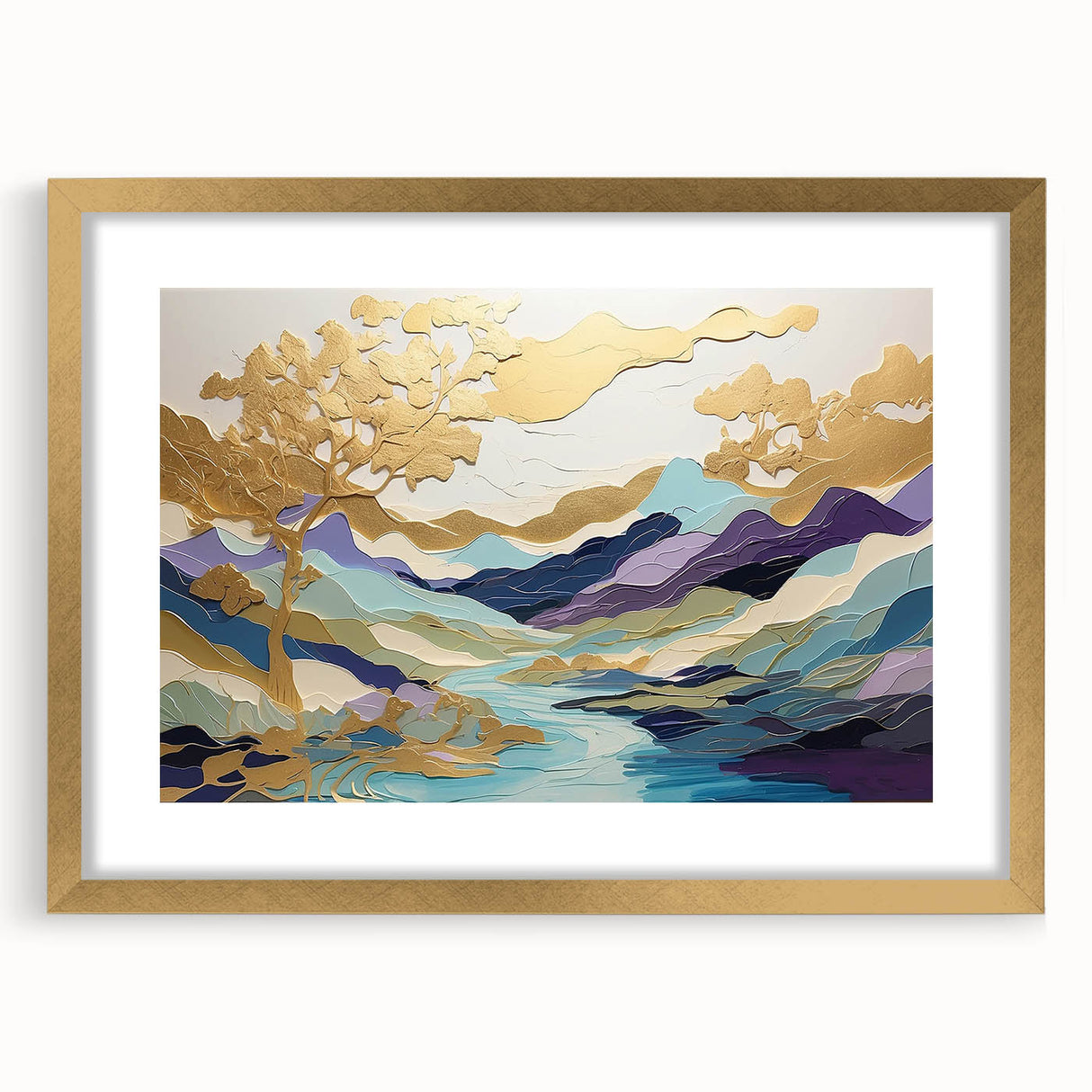 Abstract landscape wall art framed with a gold mat, showcasing vibrant colors and intricate patterns, perfect for modern home decor. Ideal for adding elegance to living spaces.
