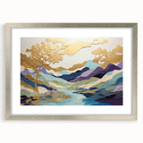Abstract landscape wall art framed in silver, showcasing vibrant hues of blue, green, and gold, ideal for modern home decor.