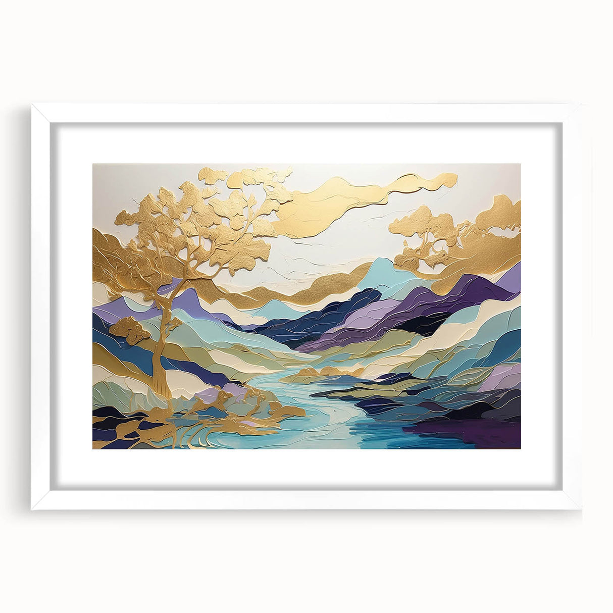 Abstract landscape wall art framed with a white mat, showcasing vibrant colors and dynamic shapes, perfect for modern home decor. Ideal for enhancing any living space.