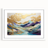 Abstract landscape wall art framed with a white mat, showcasing vibrant colors and dynamic shapes, perfect for modern home decor. Ideal for enhancing any living space.