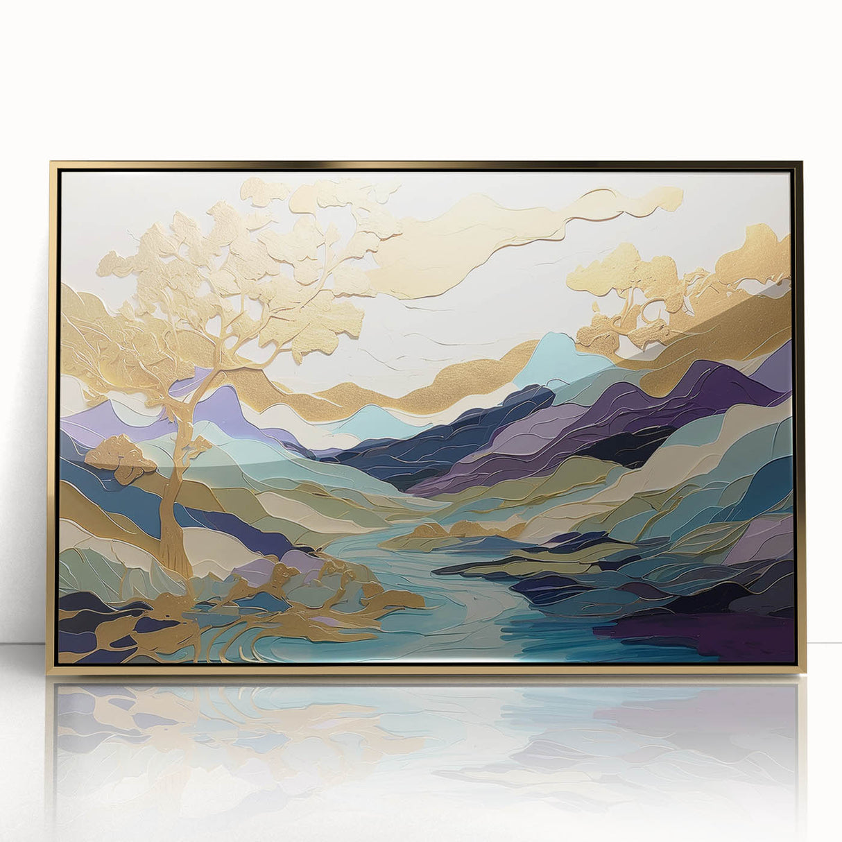 Framed abstract landscape wall art featuring gold accents and acrylic finish, set against a modern decor background, enhancing aesthetic appeal in any space.