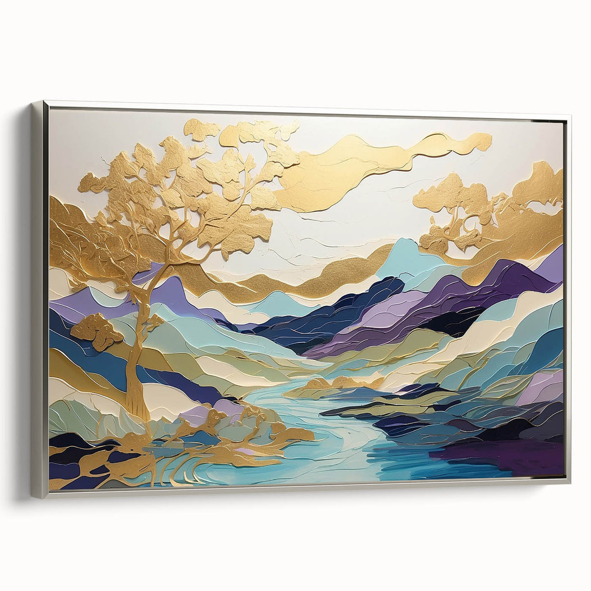 Framed abstract landscape wall art in silver with a modern design, showcasing soft hues of blue and gray. Perfect for enhancing contemporary home decor.