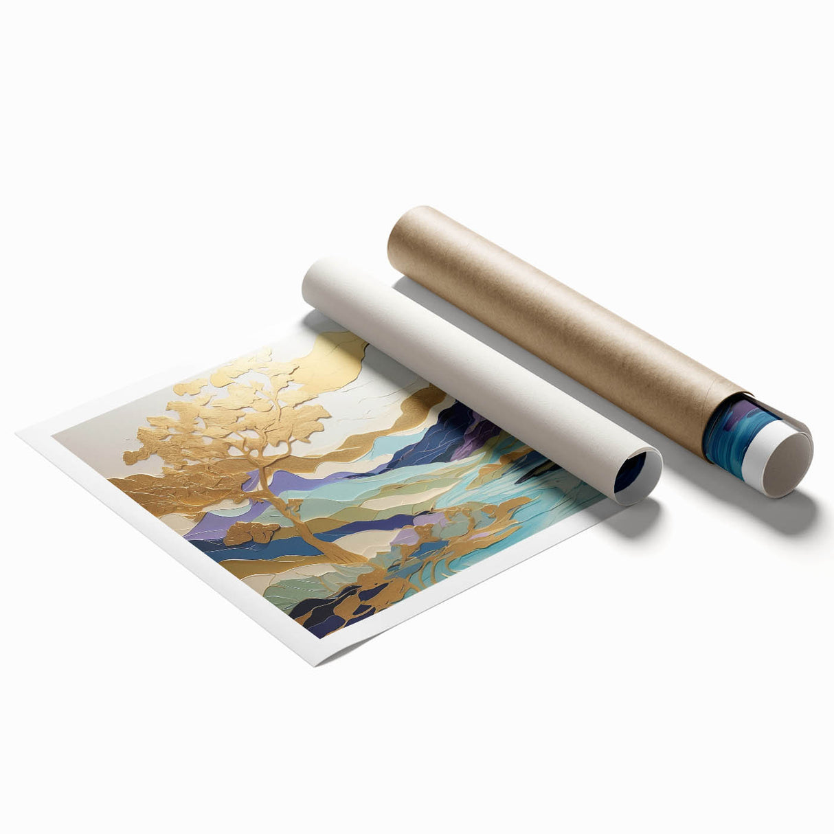 Vibrant abstract landscape wall art print showcasing bold colors and fluid shapes, rolled and ready for display; perfect for modern home decor accents.