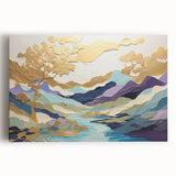 Abstract landscape wall art on stretched canvas showcasing vibrant colors and dynamic shapes, ideal for modern home decor, enhancing artistic ambiance.