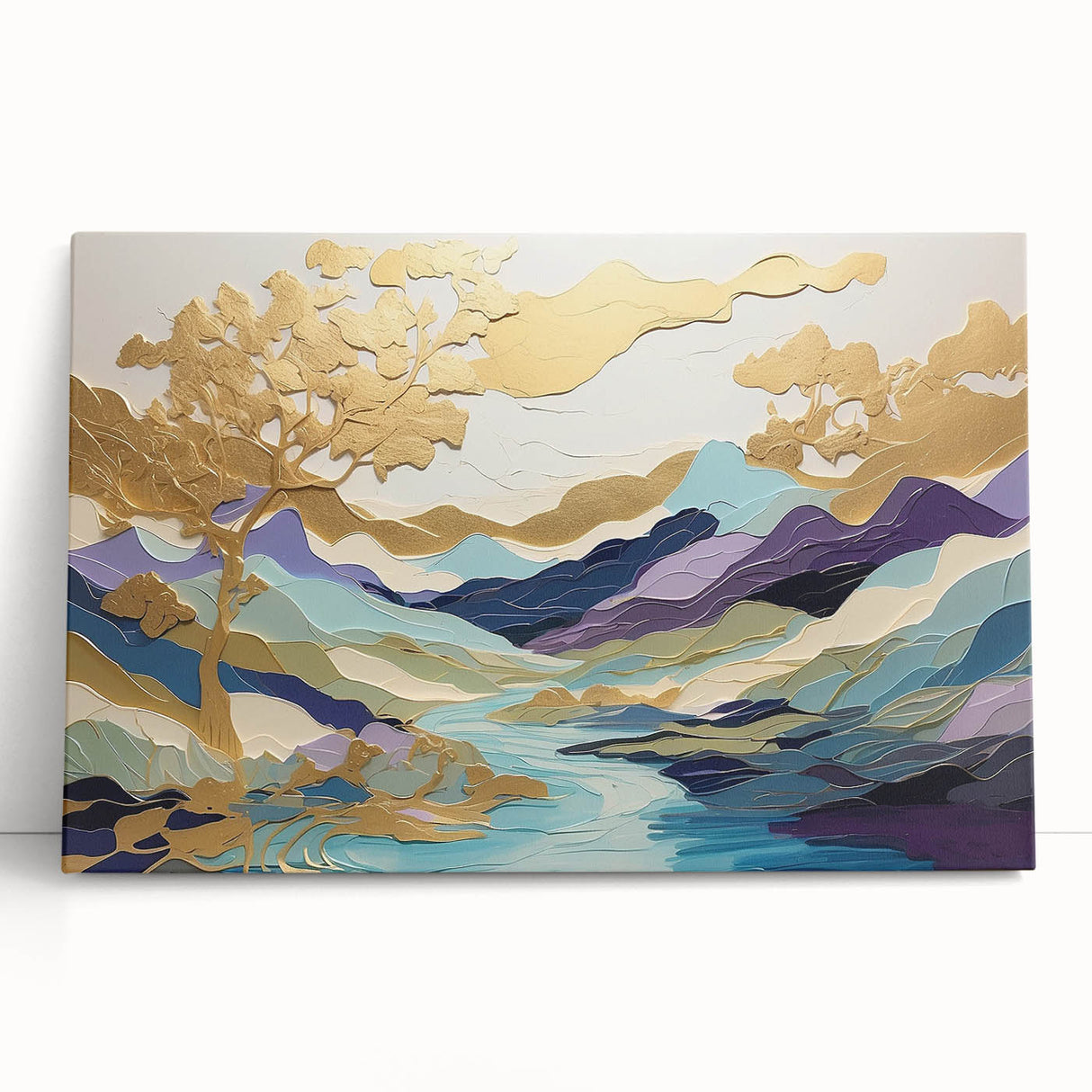 Abstract landscape wall art on stretched canvas, showcasing vibrant colors and dynamic shapes, perfect for modern home decor. Ideal for adding a contemporary touch to any living space.
