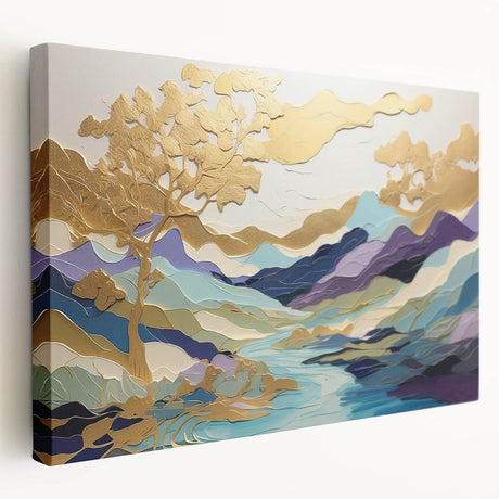 Abstract landscape wall art on stretched canvas, showcasing vibrant colors and unique textures. Side view highlights the gallery-wrapped edges, perfect for modern decor.