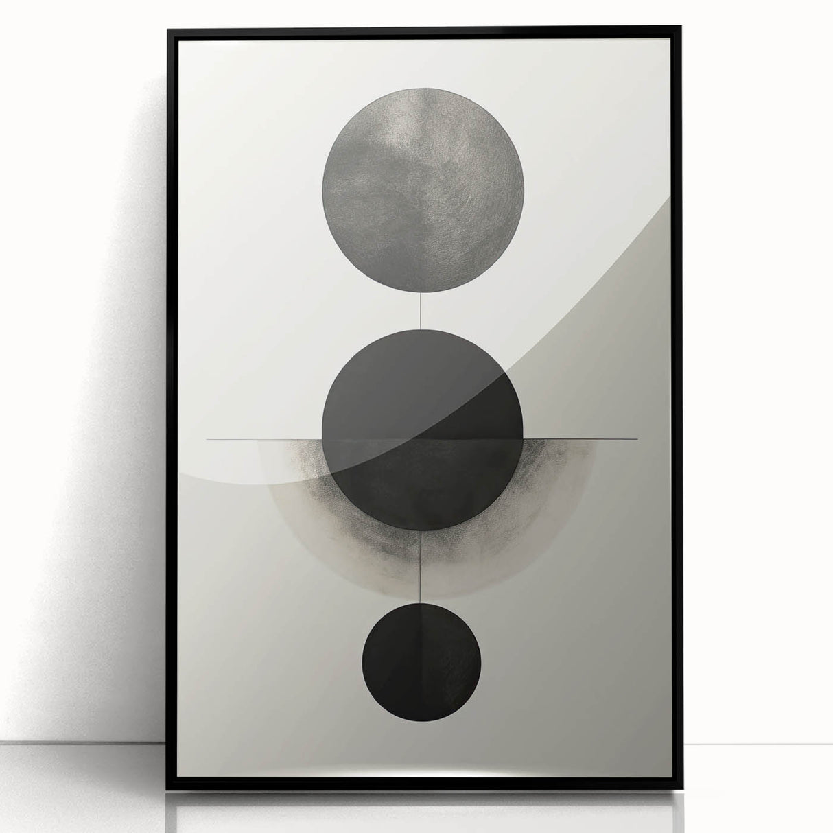 Framed abstract minimalist wall art in black acrylic, showcasing geometric shapes and a modern design, perfect for contemporary home decor.