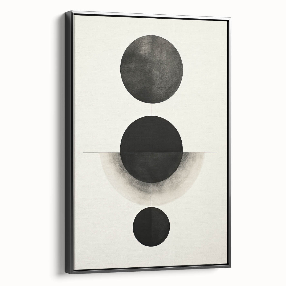 Abstract minimalist wall art in a black frame, showcasing geometric shapes and soft tones, perfect for modern home decor. Side view highlighting the sleek design and high-quality canvas texture.