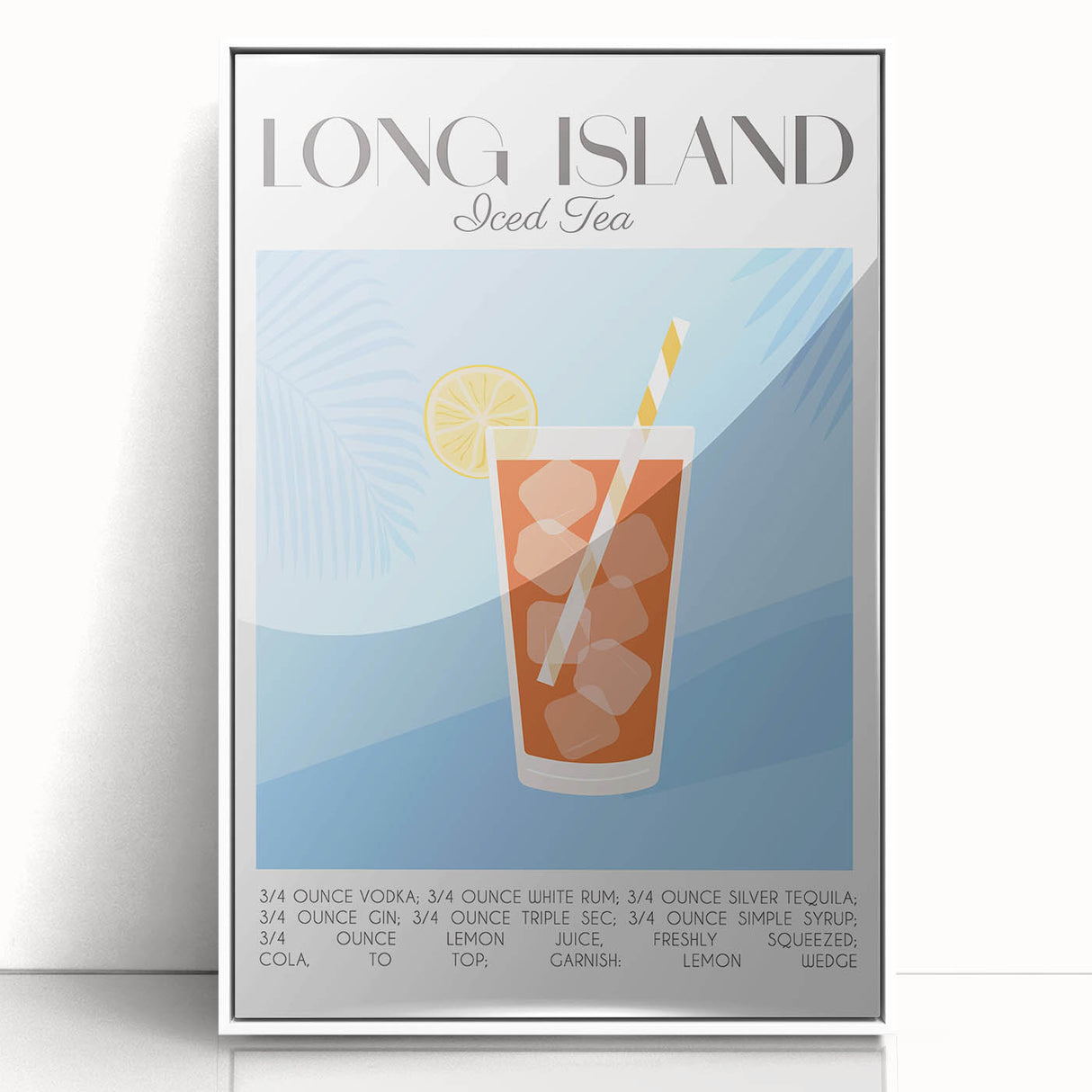 Art deco poster featuring a stylized cocktail in vibrant orange and pink tones, acrylic print framed in white.