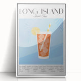 Art deco poster featuring a stylized cocktail in vibrant orange and pink tones, acrylic print framed in white.