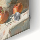 Large abstract wall art featuring assorted fruits in vivid colors on acrylic glass, suitable for dining room decor.