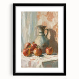 Extra large abstract art print of colorful, textured fruits on a black framed canvas, ideal for living room decor.