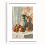 Abstract art print featuring assorted fruits in vivid colors on a white framed mat, suited for dining room decor.