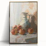 Large art print of assorted fruits in vibrant colors, framed in gold acrylic, in a mid-century modernist style.